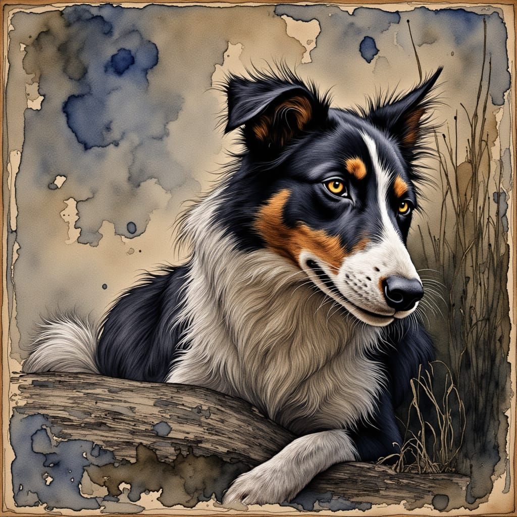 Confused Border Collie in Expressive Watercolor Style