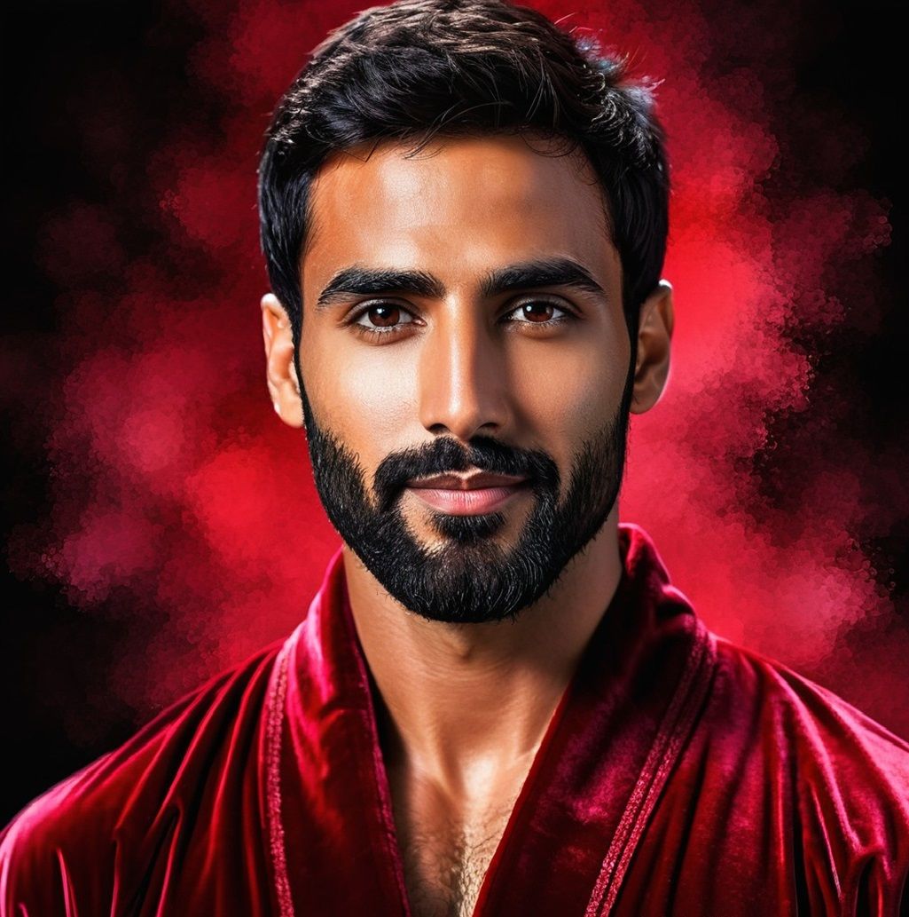 A handsome bearded man wearing a red velours bathrobe