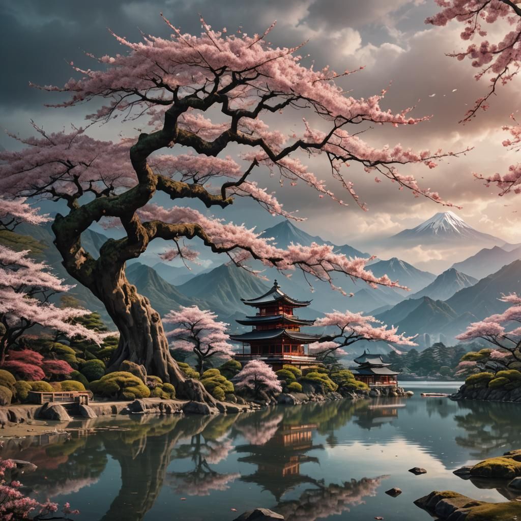 A beautiful ancient sakura tree in front of a lake. Mountains and Japanese temples in the background.