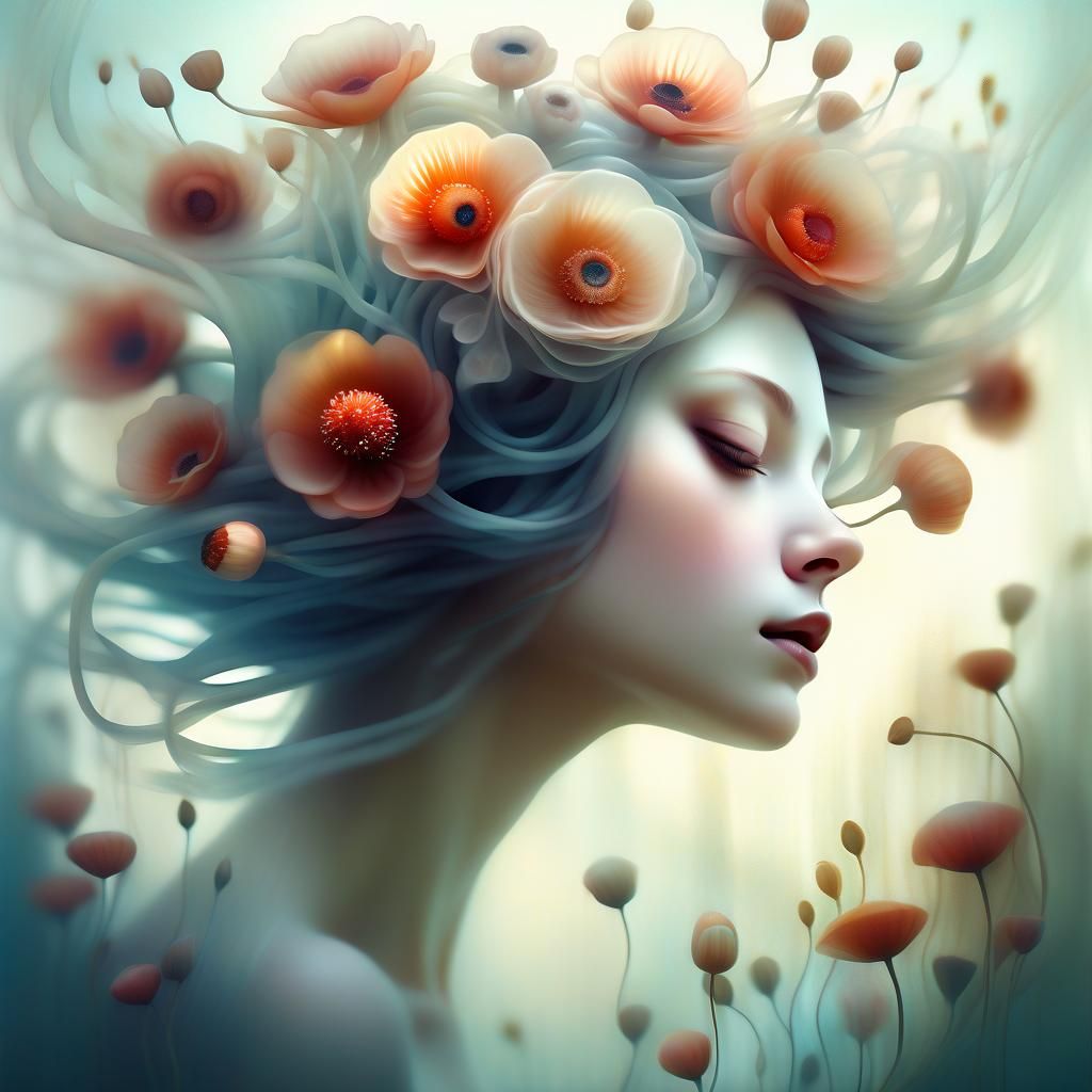 Portrait of a girl with flowers in her hair.