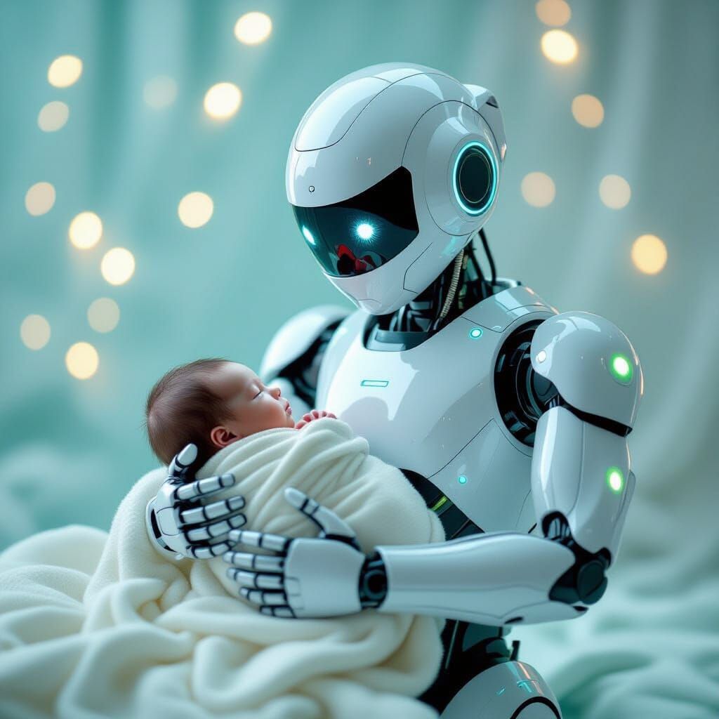 Robot Holding Baby in Hyper-Realistic Style