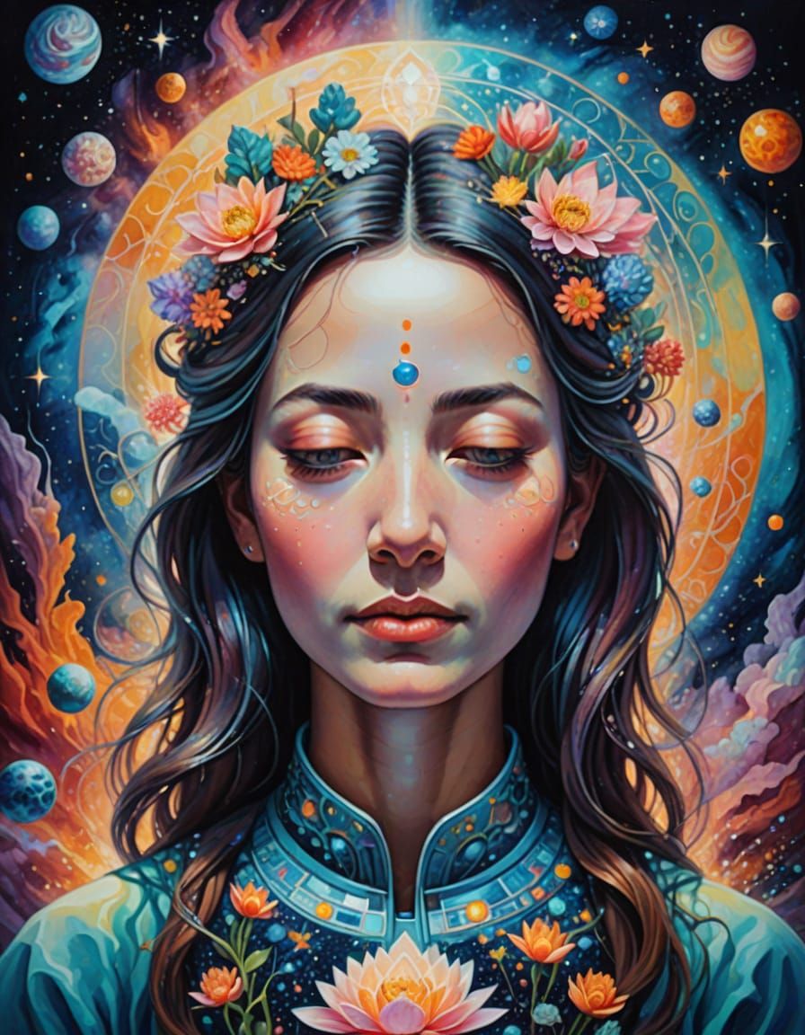 Woman Meditating in Cosmic Floral Nebula