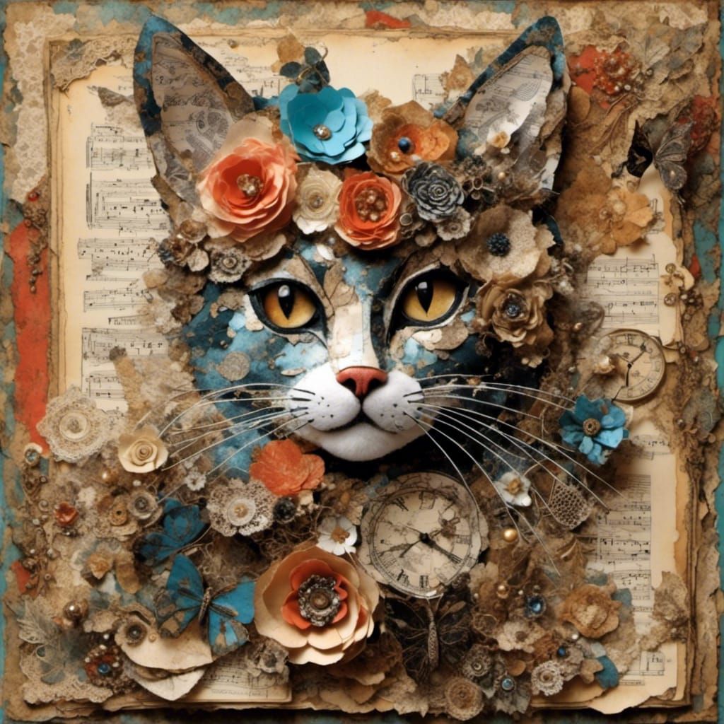 <lora:MixedMediaCollage:1.0> Mixed media collage, 3d found items, cat