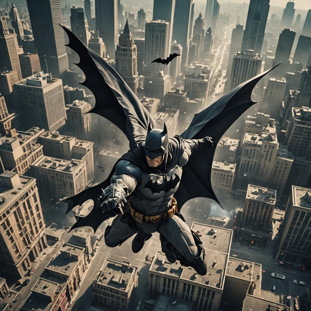 Batman flying trough the city of gothom with a batarang