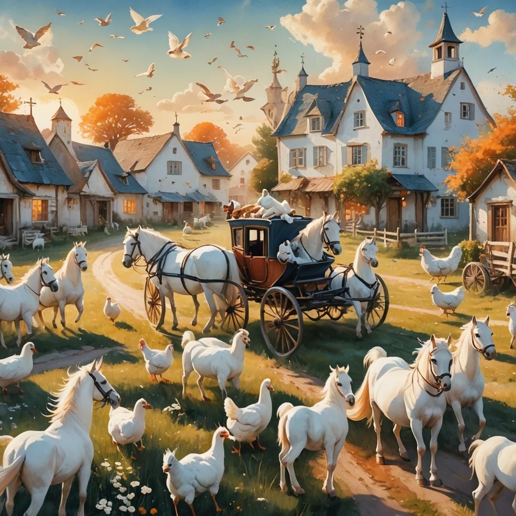 Fantasy Village: White Horses and Pigeons in Watercolor Styl...