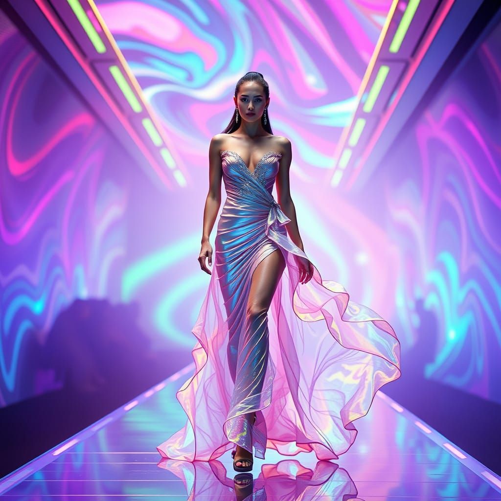 model wearing a high-fashion outfit in a glowing runway setting.
A fantasy creature showing off magical ...  by @Allente