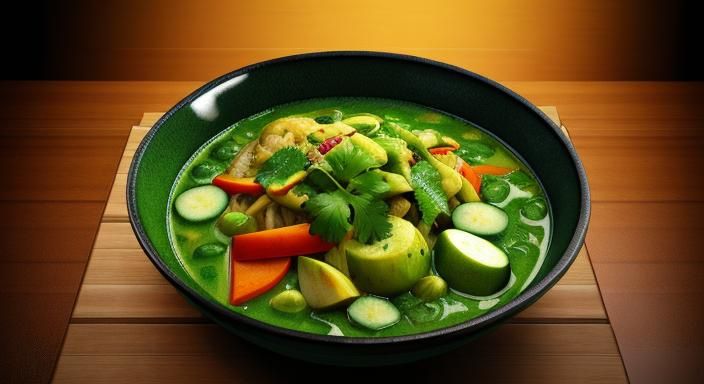 A giant bowl of green curry with all optional vegetables bac...