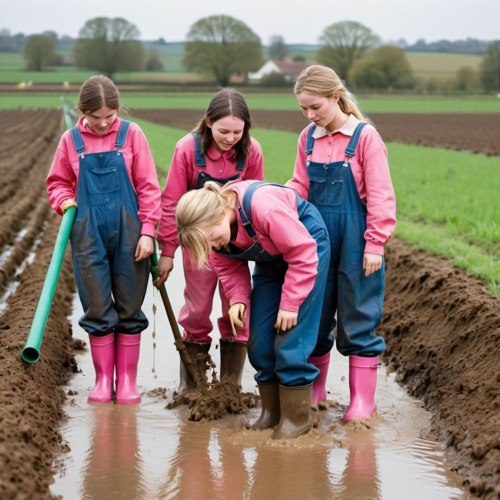 A group of girls trying to fix a water pipe in a flooded far...