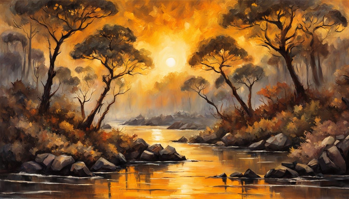 Bold Brush Strokes Gouache Seascape with Pecan Trees