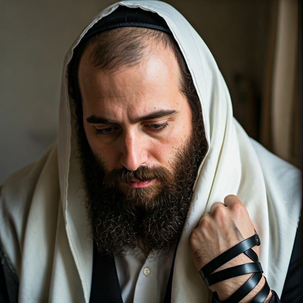 יהודי עטור בראשו בבית עם בית תפילין של ראש ובידו השמאלי תפיל...