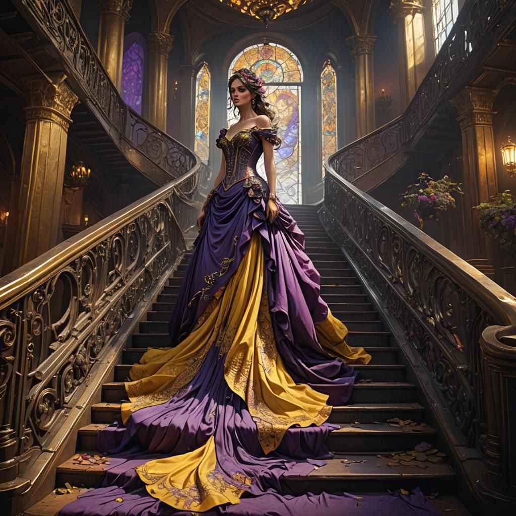 ball gown, long train, flowing down the stairs