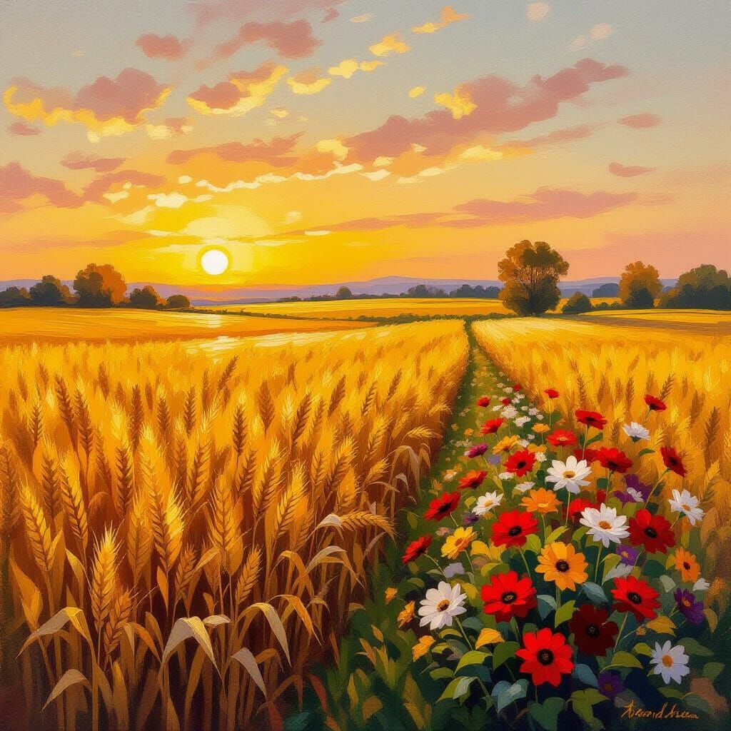 Vibrant Autumn Harvest Sunset in Impressionist Style
