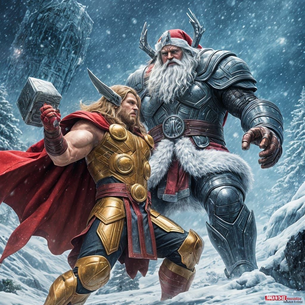 Marvel's thor in a great battle with Santa Claus 