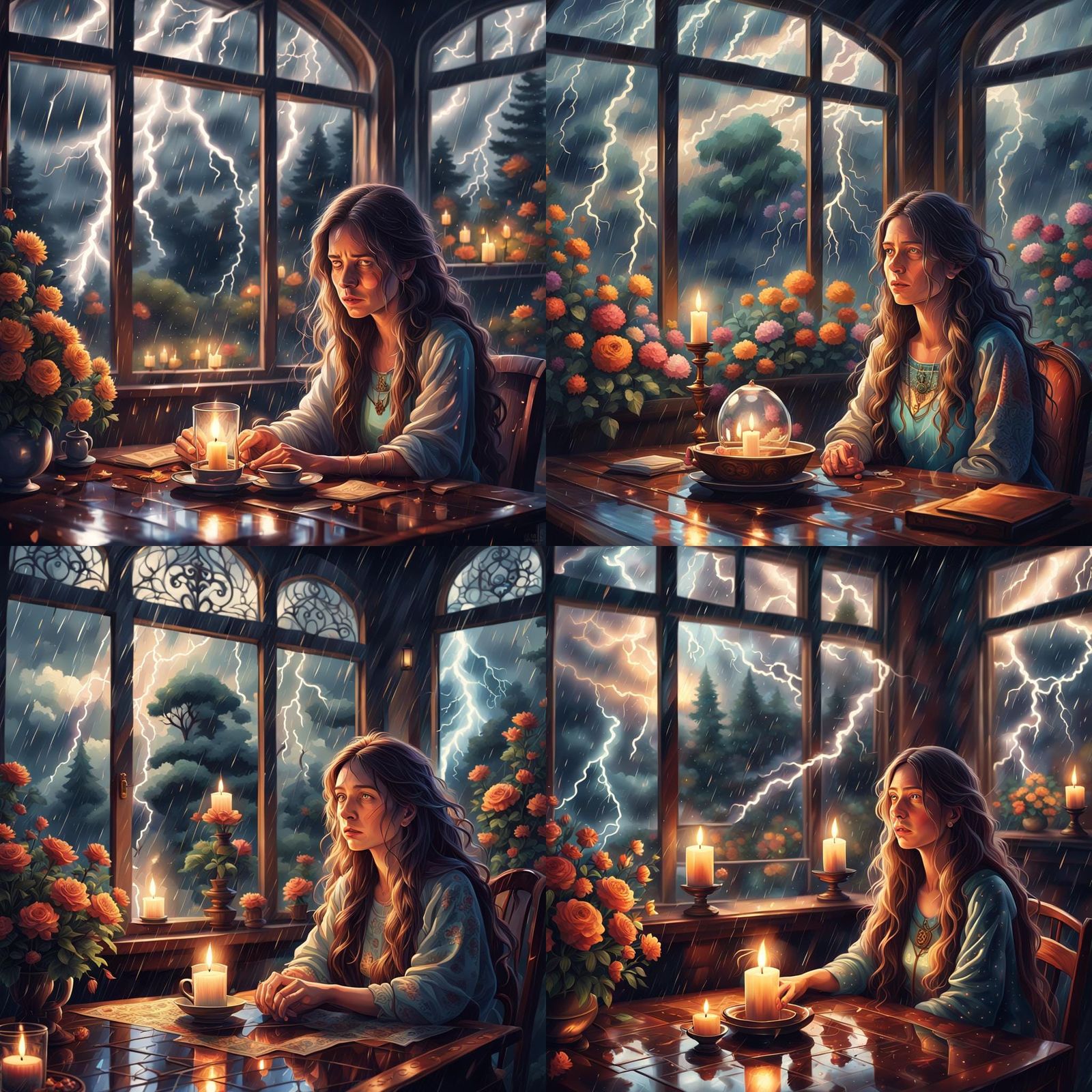 long haired woman crying
sitting next to window rain lightni...