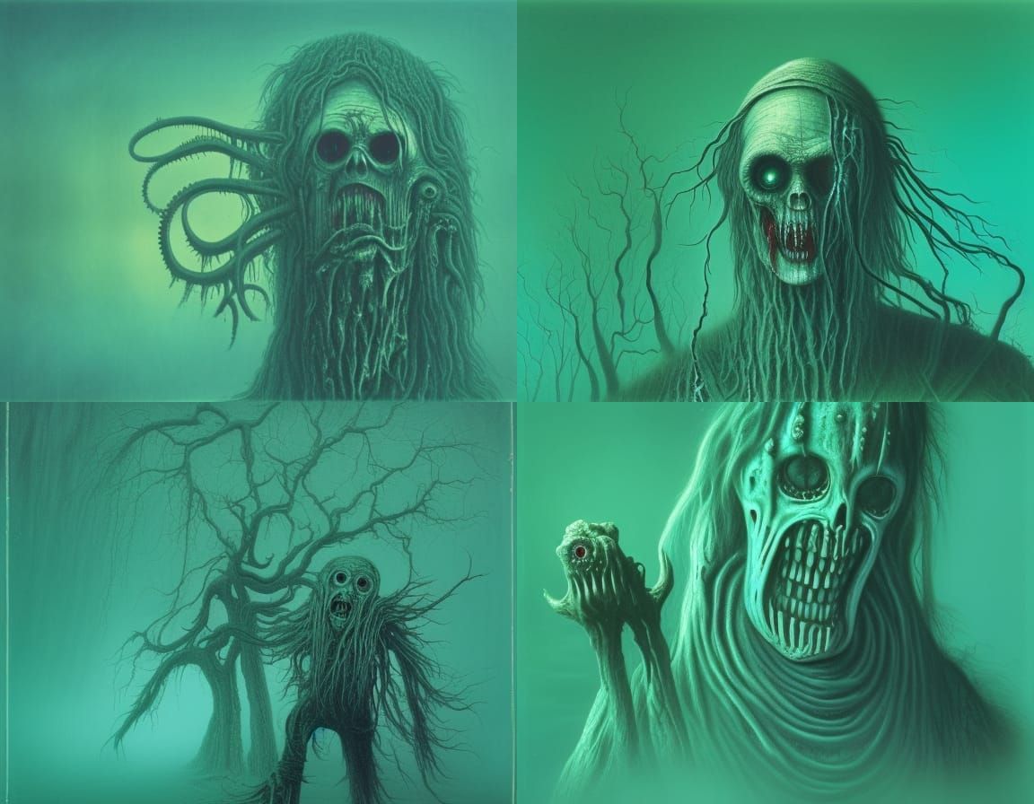 Eldritch chainsaw wizard with a zombie face Zdzisław Beksińs...