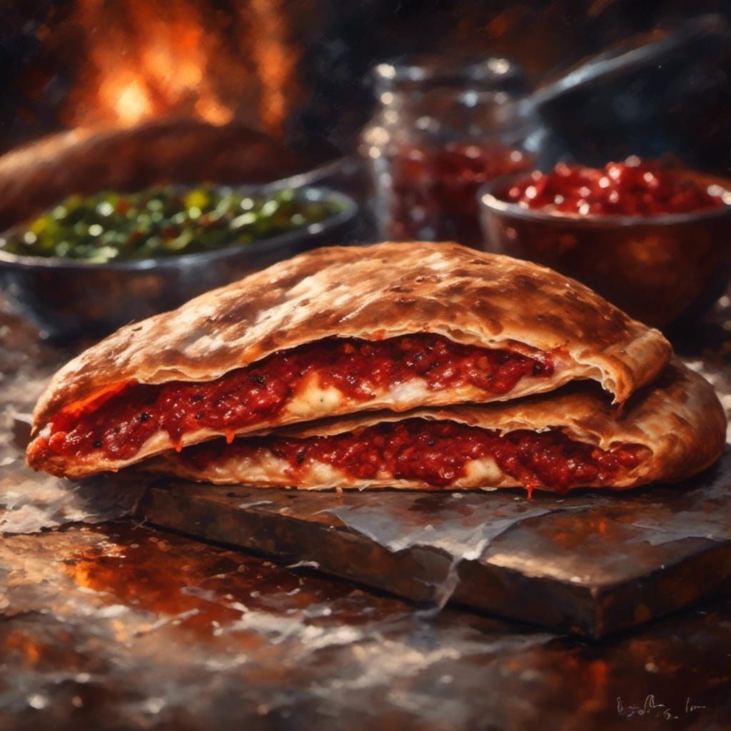 a Grungy oil painting of a back lit steamy delicious pepperoni calzone, intricate details, HDR, beautifully shot, hyperrealist, sharp focus,...