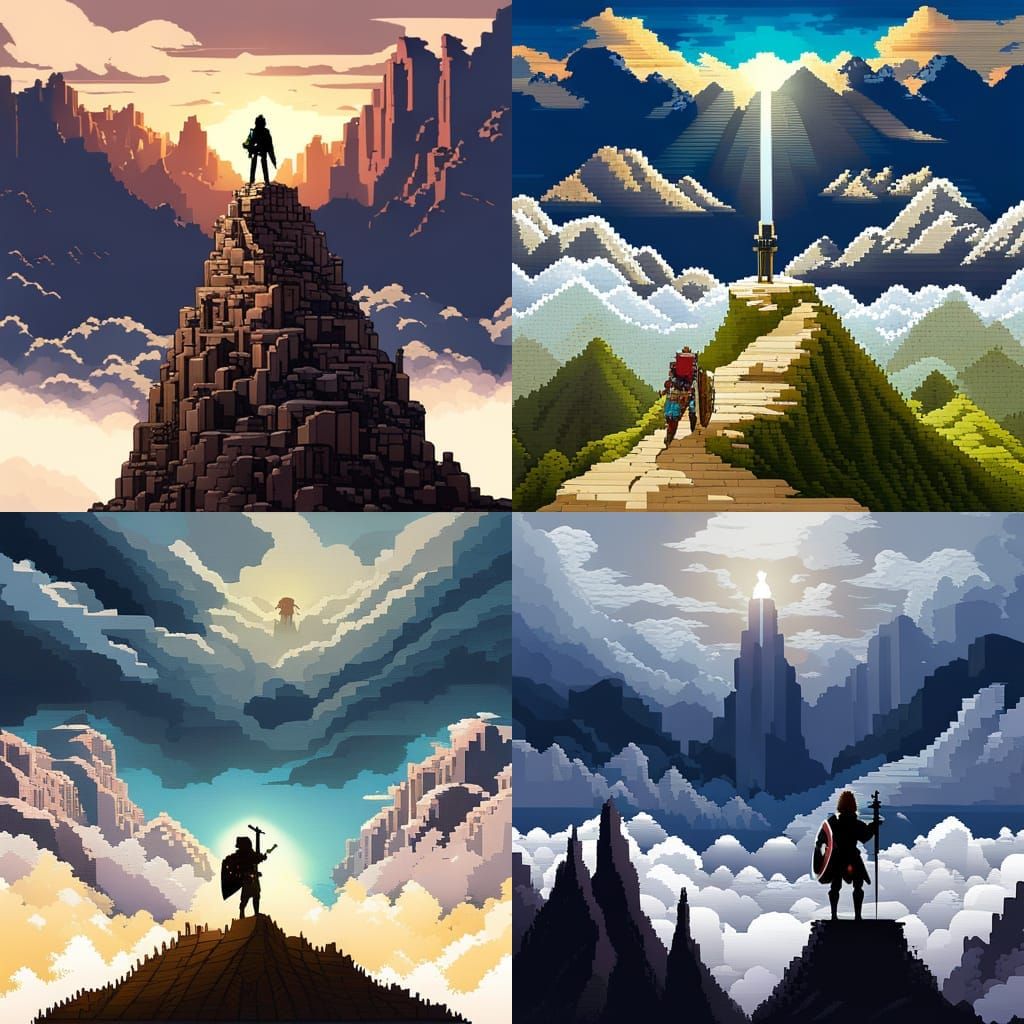 8-bit artpiece of a hero with a sword looking out over a fantasy landscape from a mountain peak,
Very detailed, dramatic...