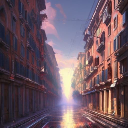 street in Milan hyperdetailed photorealistic triadic colors beautiful ...