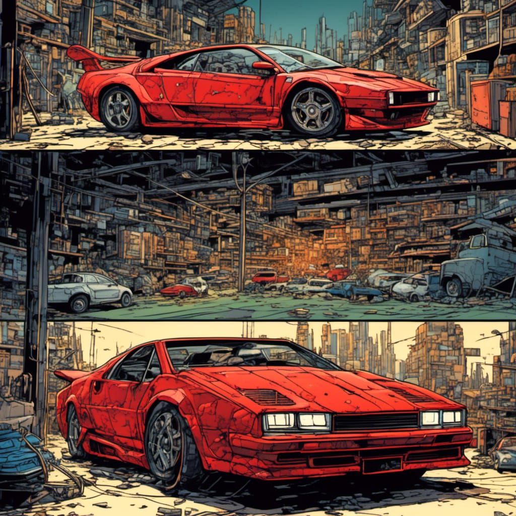<lora:Vividtoons:1.0>red sports car in a urban garage, Mark Brooks and Dan Mumford, comic book art, perfect, smooth