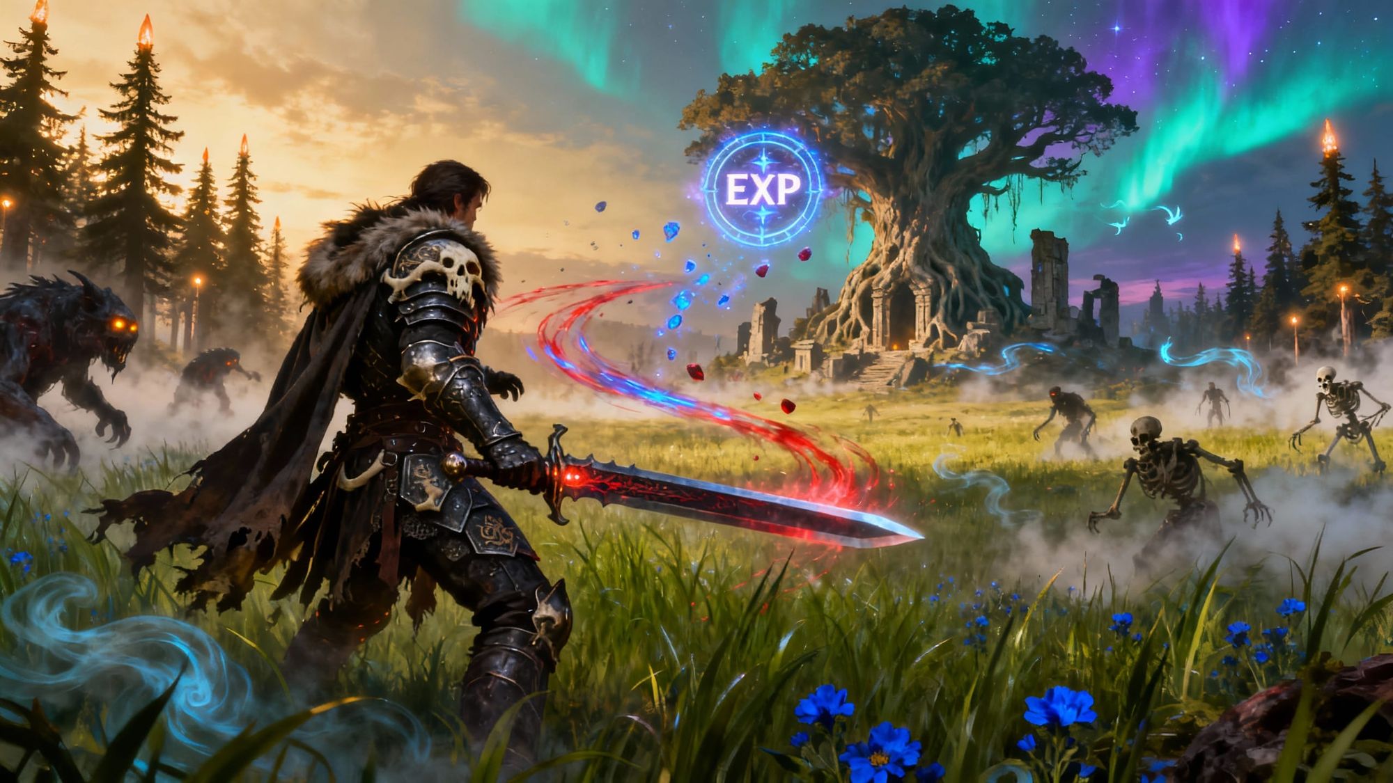 A lone warrior stands in a vast mystical meadow surrounded by ancient ruins and glowing runestones, under the shimmering twilight sky of a w...