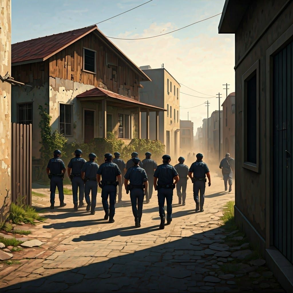 Tactical Police Surround Rundown House in Gritty Urban Lands...