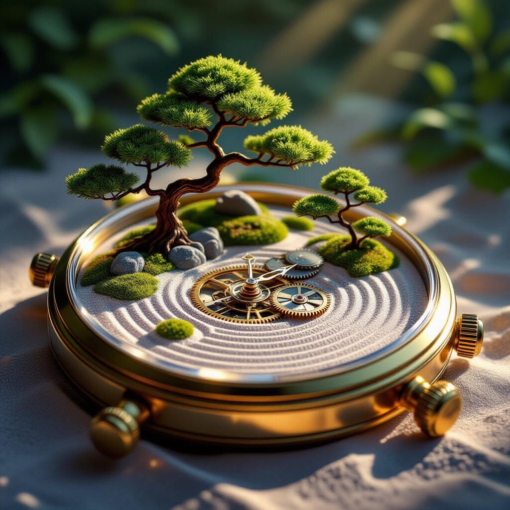 Zen Garden Inside Broken Watch in Matte Painting Style