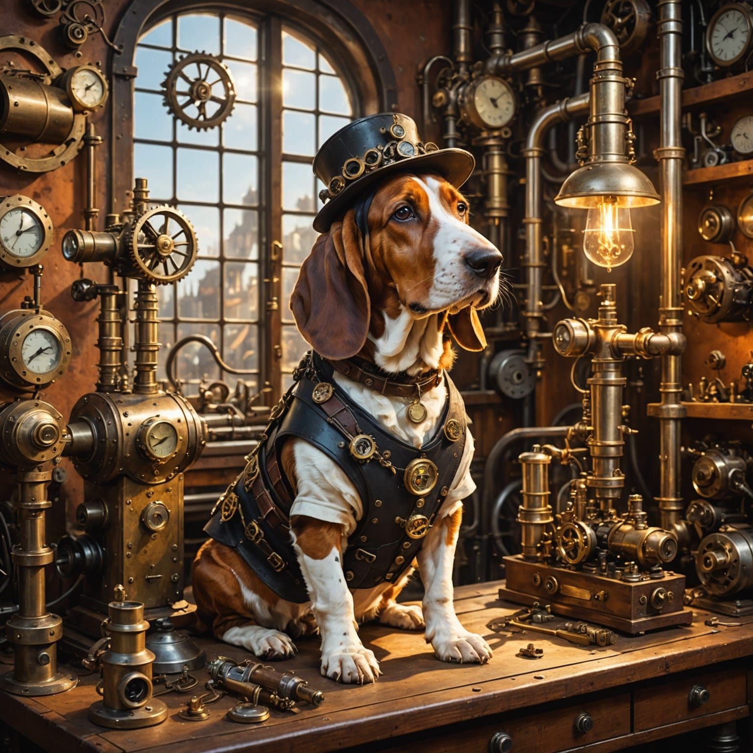 A whimsical Basset Hound dressed as a steampunk inventor, tinkering with a complex, brass contraption ...  by @hip hop
