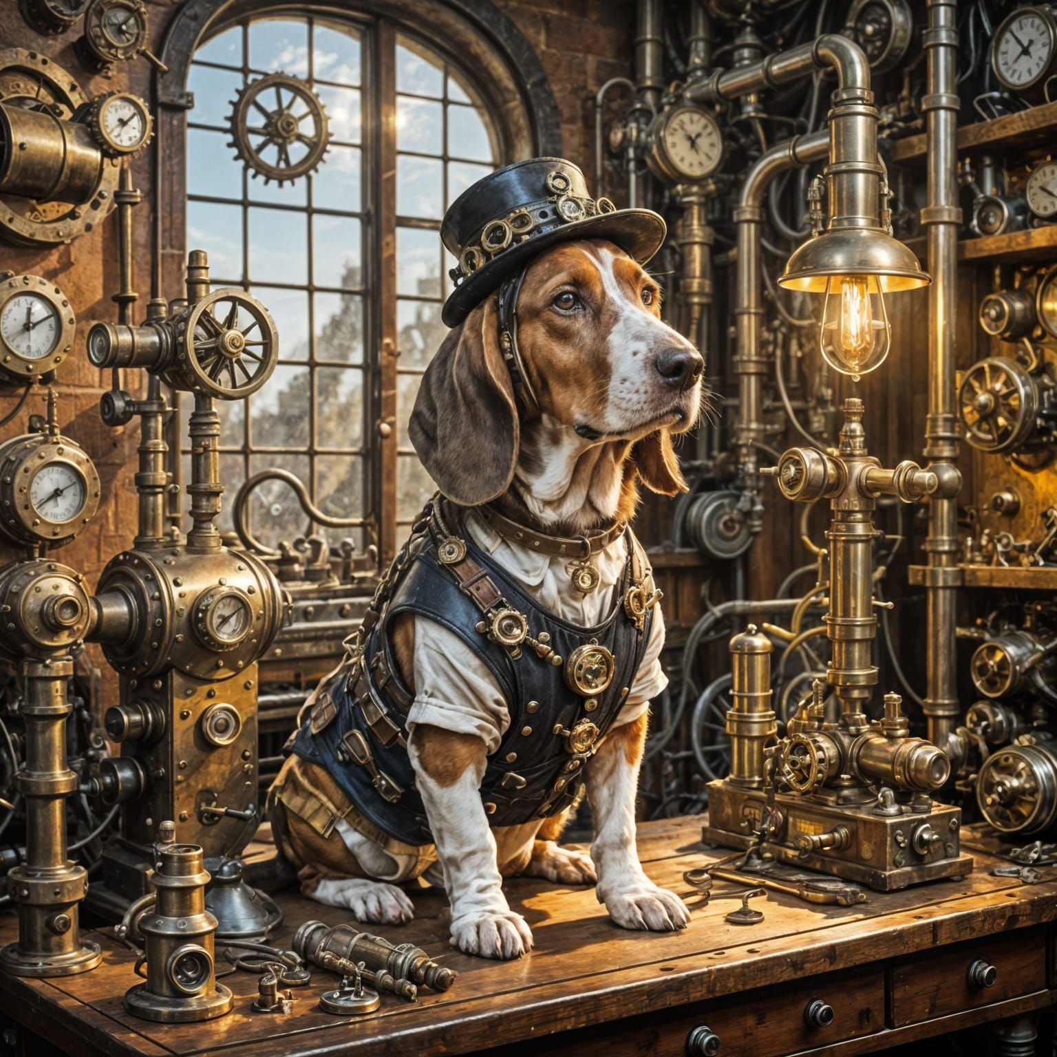 Steampunk Basset Hound Inventor in Workshop