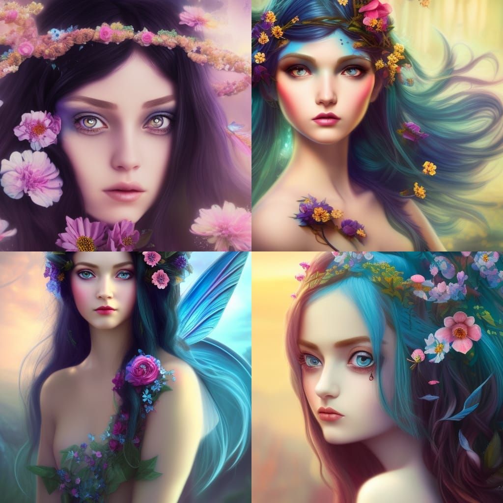 Beautiful fairy with long black hair blue eyes and flowers in her hair ...