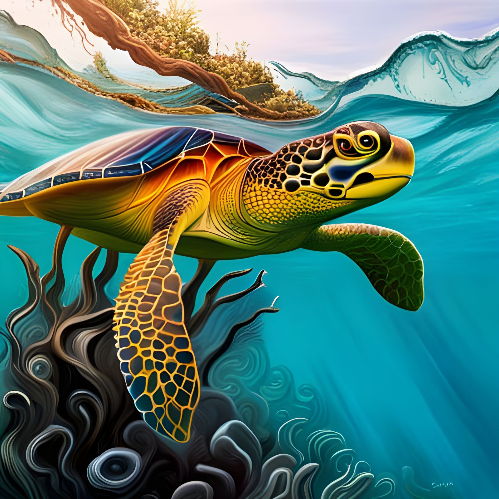 Sea turtle. * - AI Generated Artwork - NightCafe Creator
