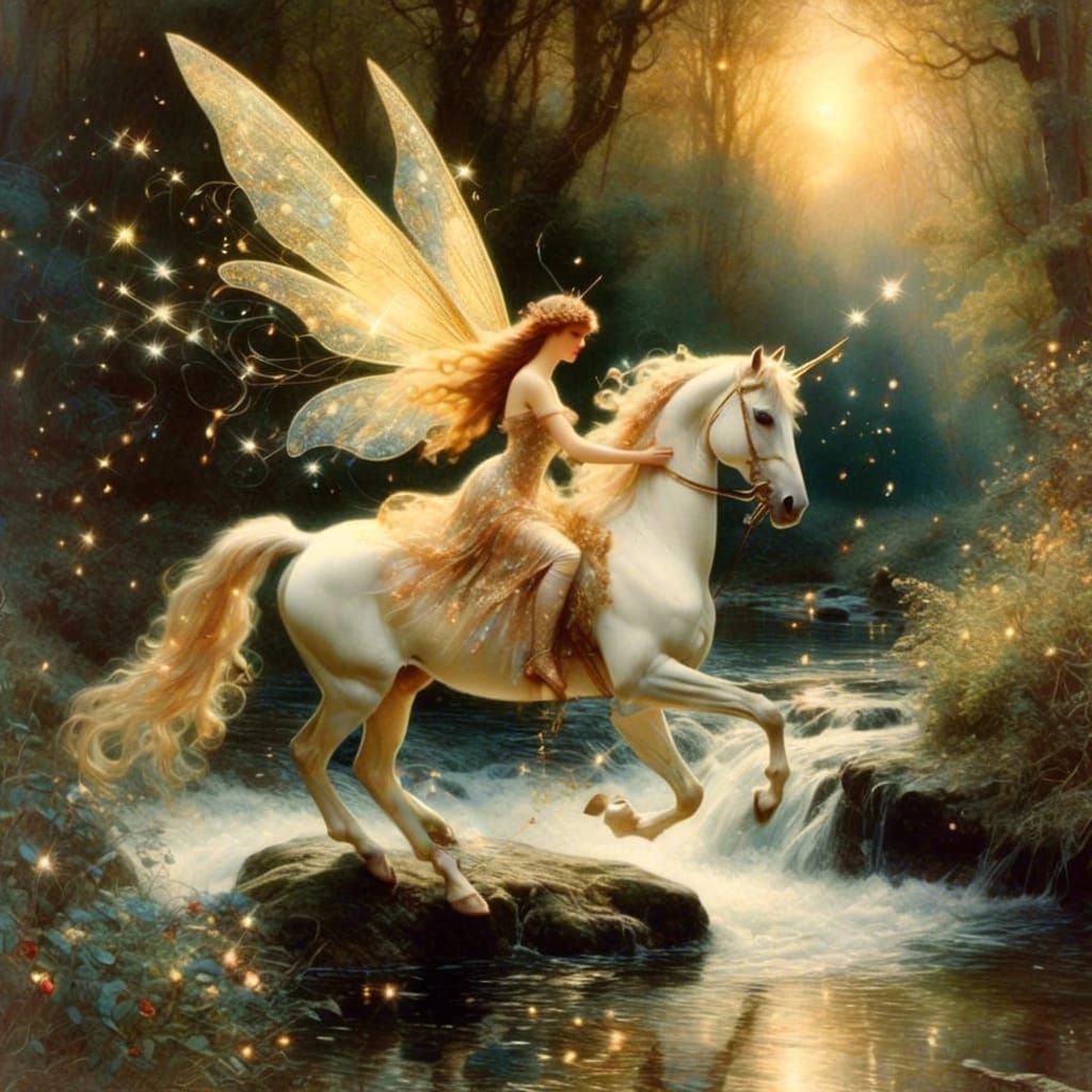 Fairies and unicorns both like to ride through the forest