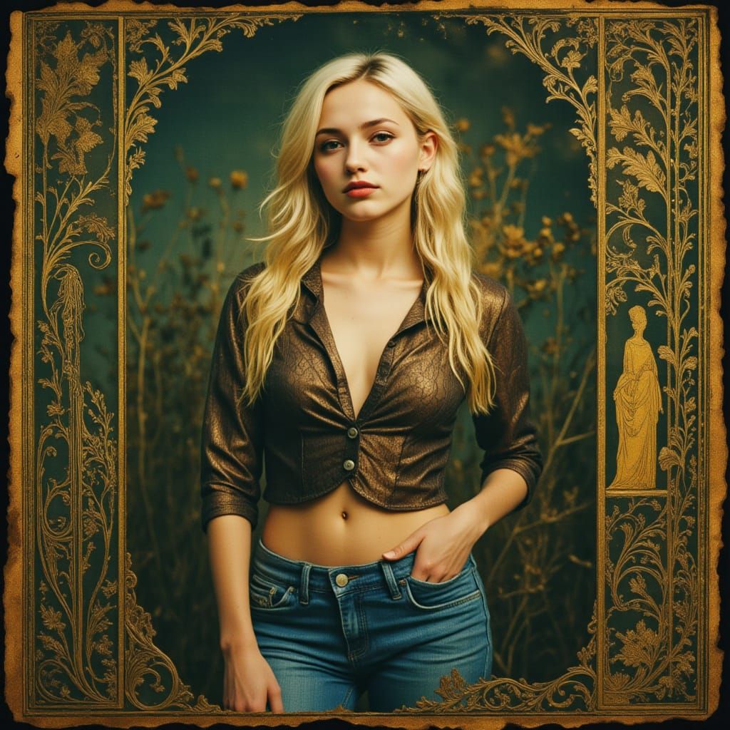 PASSIONATE WOMAN, BLOND HAIR, BLUE JEANS, DEEP WILDERNESS stylized portraiture, ornate gilded filigree frame, aged photo in the style of Aur...