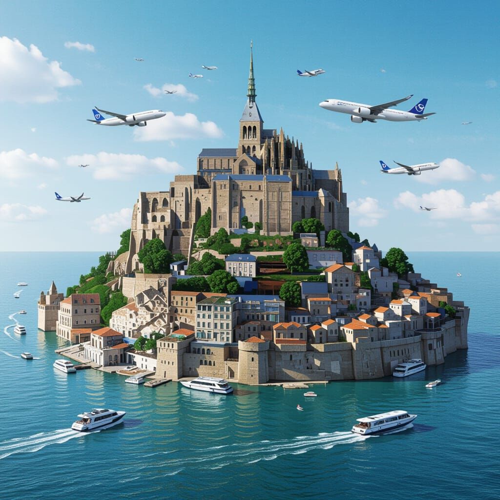 City Built on Island with Tall Buildings, Trees, and Airplan...