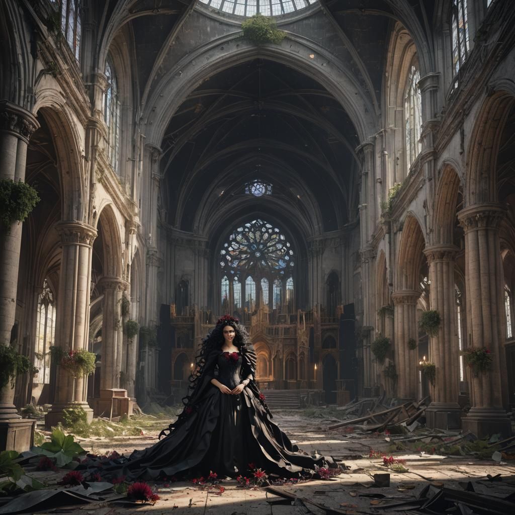 Giant black dahlia in abandoned Catholic cathedral