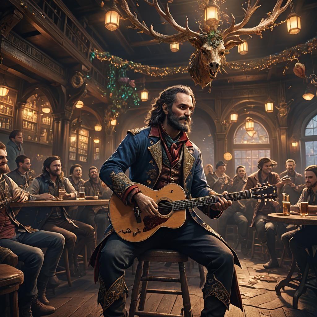 Bard plays guitar for audience in bar