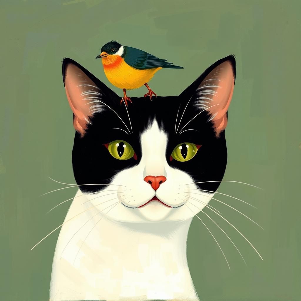 A cat with a bird on its head.