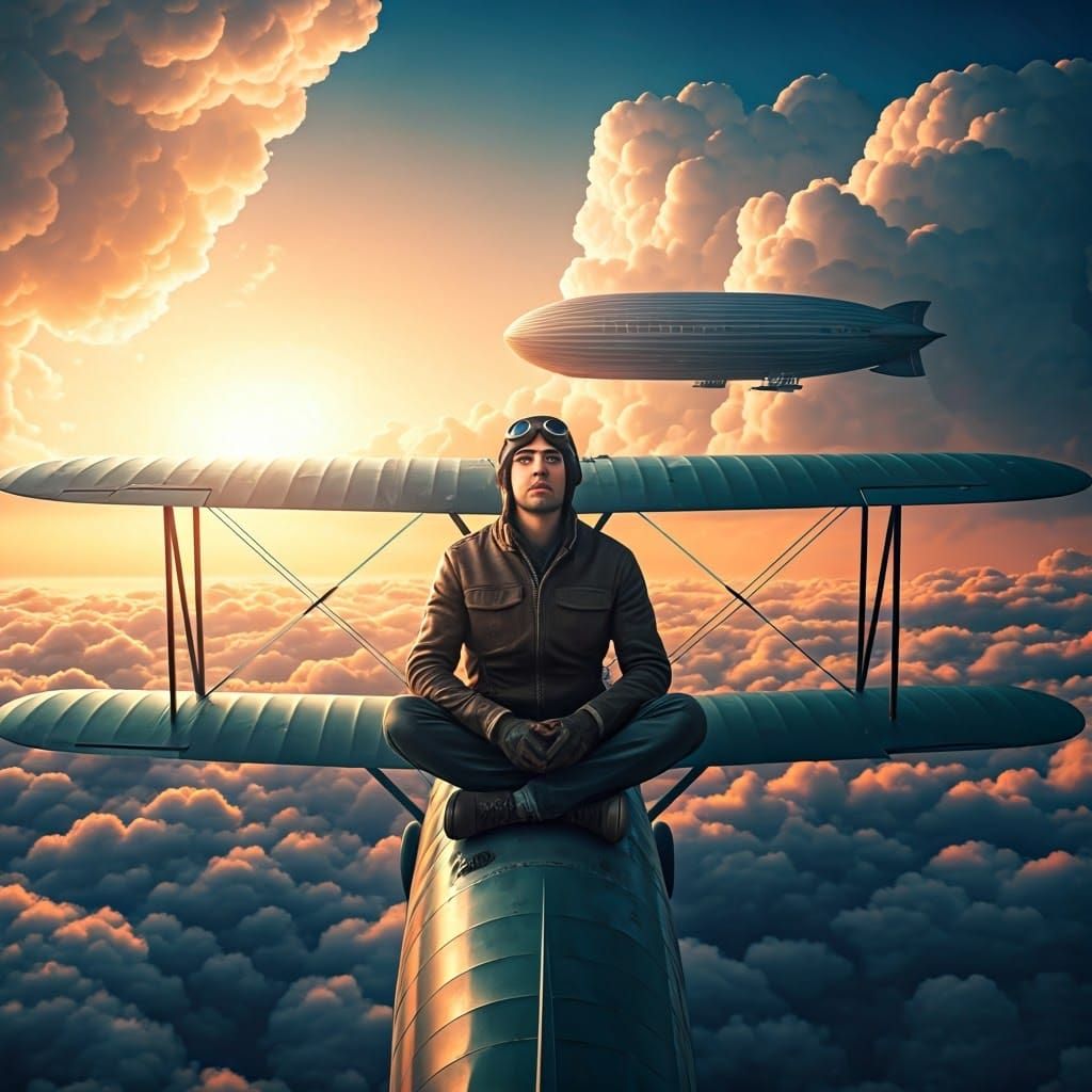 Man on Biplane Wing in Fantasy Sky