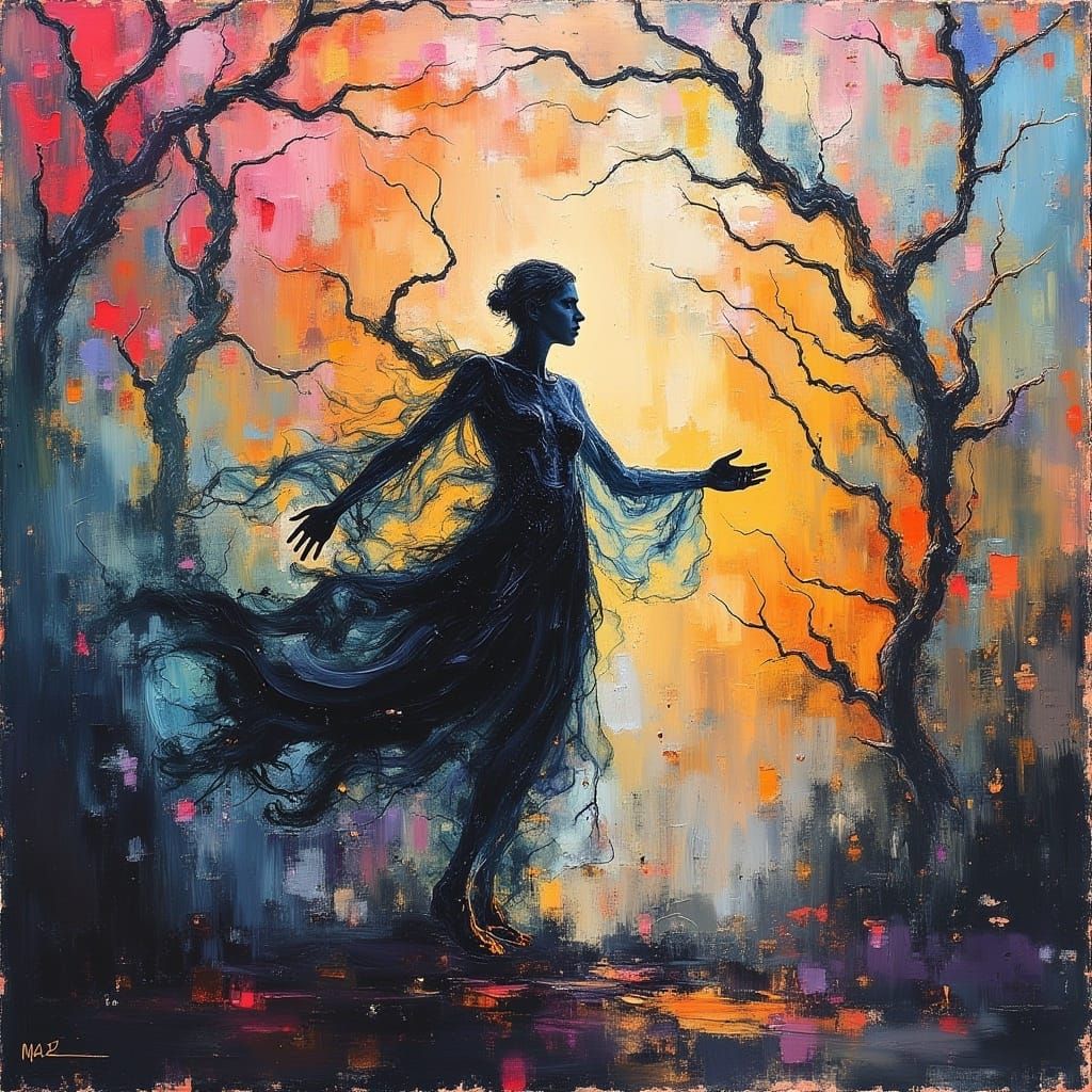 <lora:MJ6:1.0> thick impasto oil paint acrylic brush strokes impressionistic style, painterly style, A transparent ghostly musical figure ma...