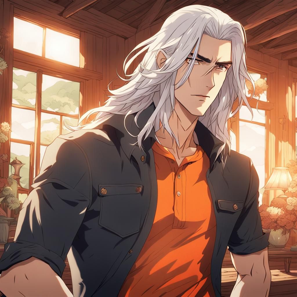 a strong handsome young man in his 25s with long white hair wearing a tight orange shirt in a country house, tense atmosphere in the year 20...
