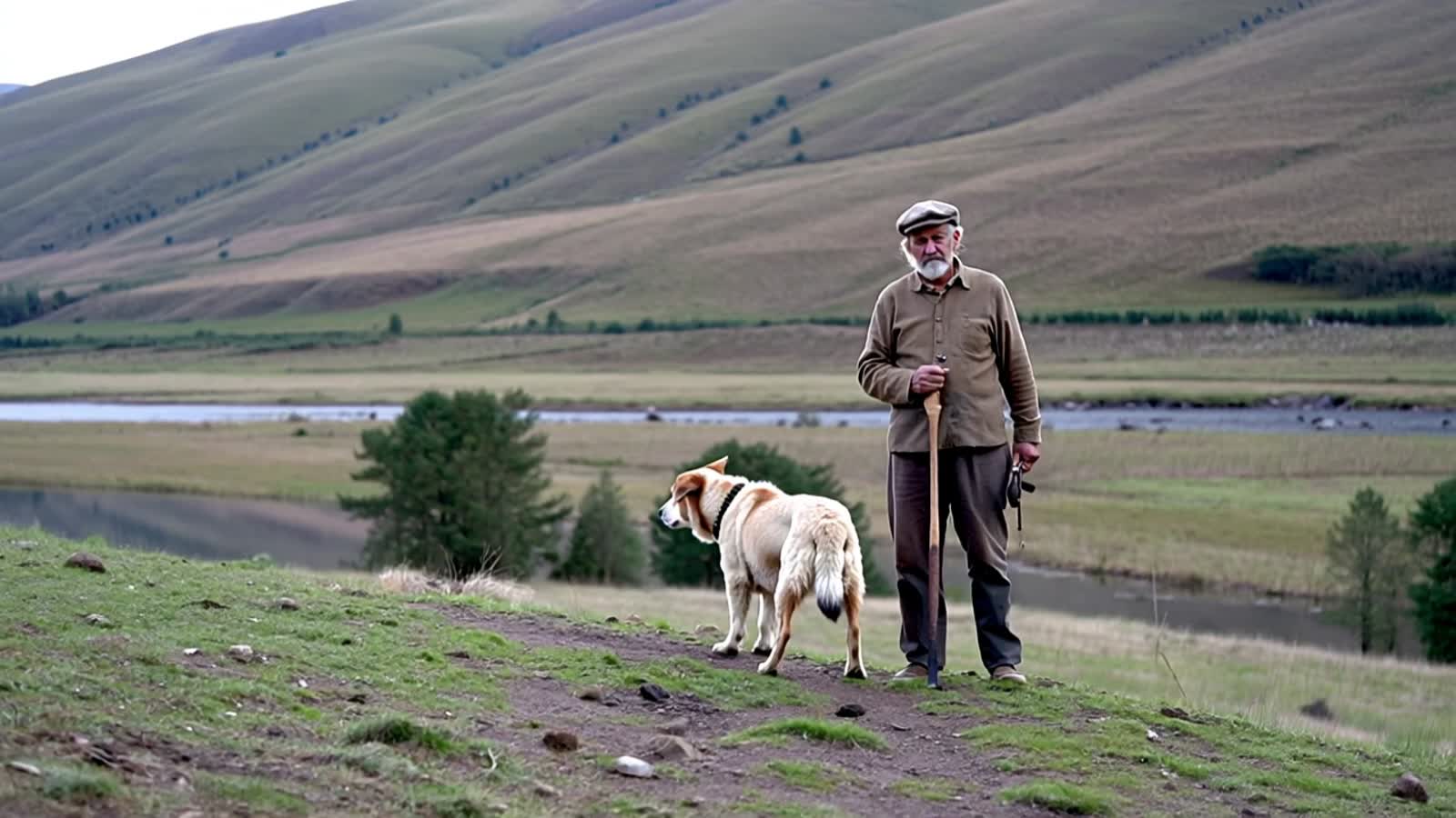 Old man on top of a hill with his faithful sheepdog, the man has a pipe and a walking stick. There's a River at the bott...