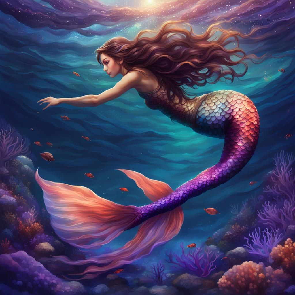 Mermaid Swimming in Coral Reef Fantasy