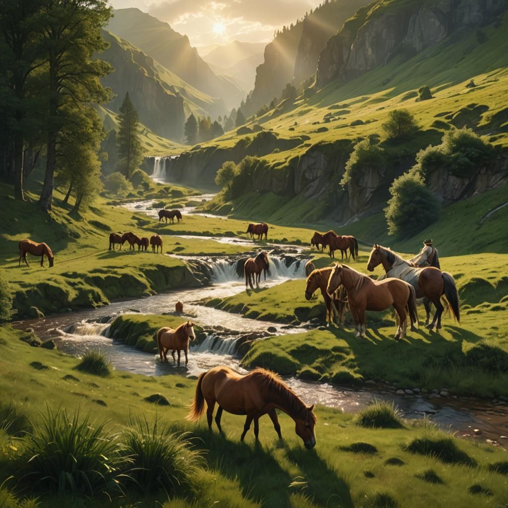 Sunlit Stream Flows Through Valley with Horses