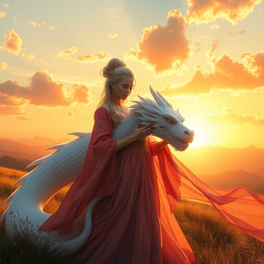 Princess and White Dragon in Sun-Kissed Landscape