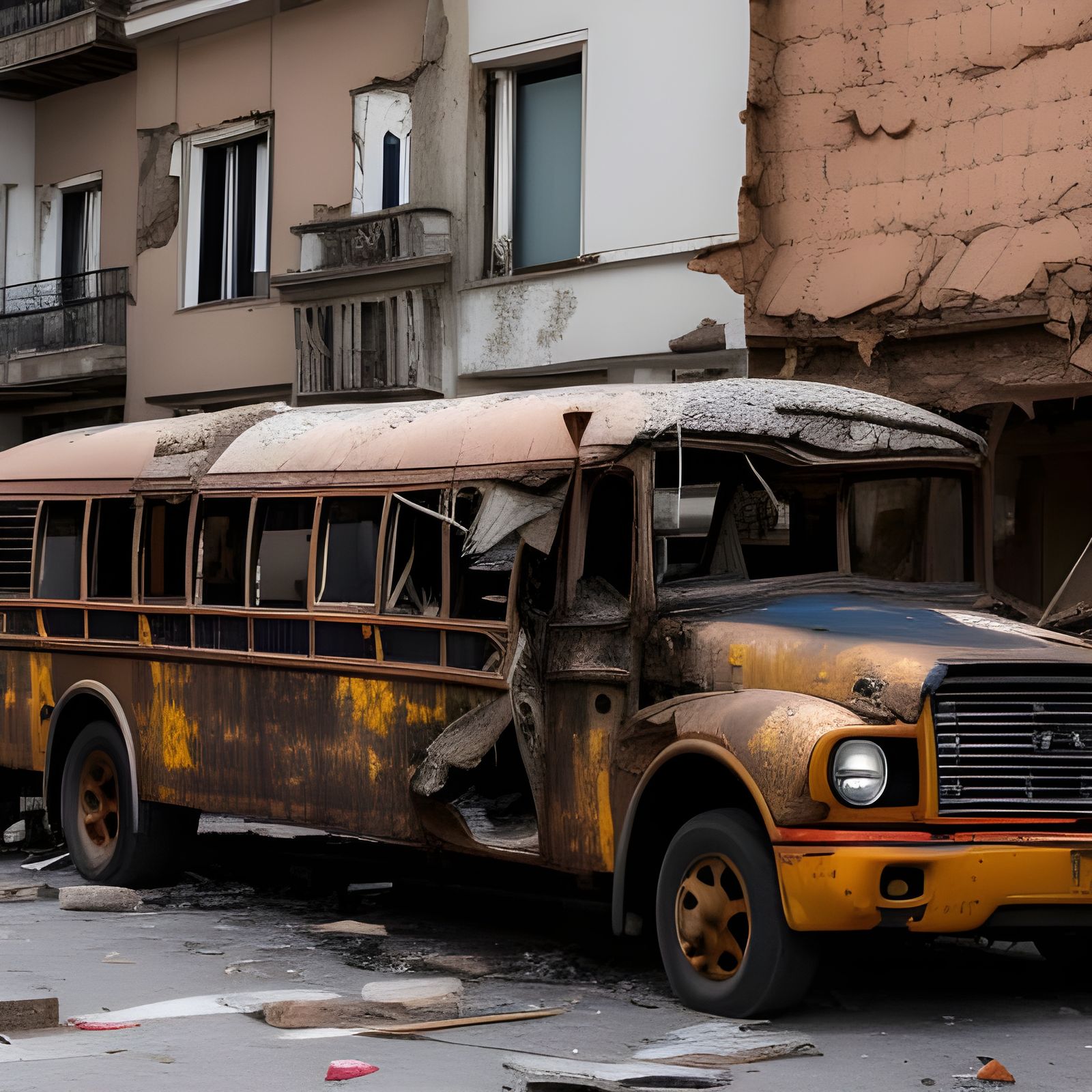 damaged school bus in corrupted street  by @Persian