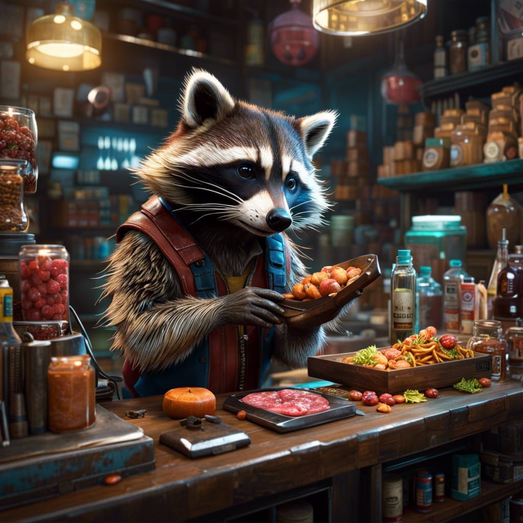 raccoon cashier using its dexterous paws to scan items :: Intricate + Hypermaximalist :: Carne Griffiths + Greg Rutkowsk...