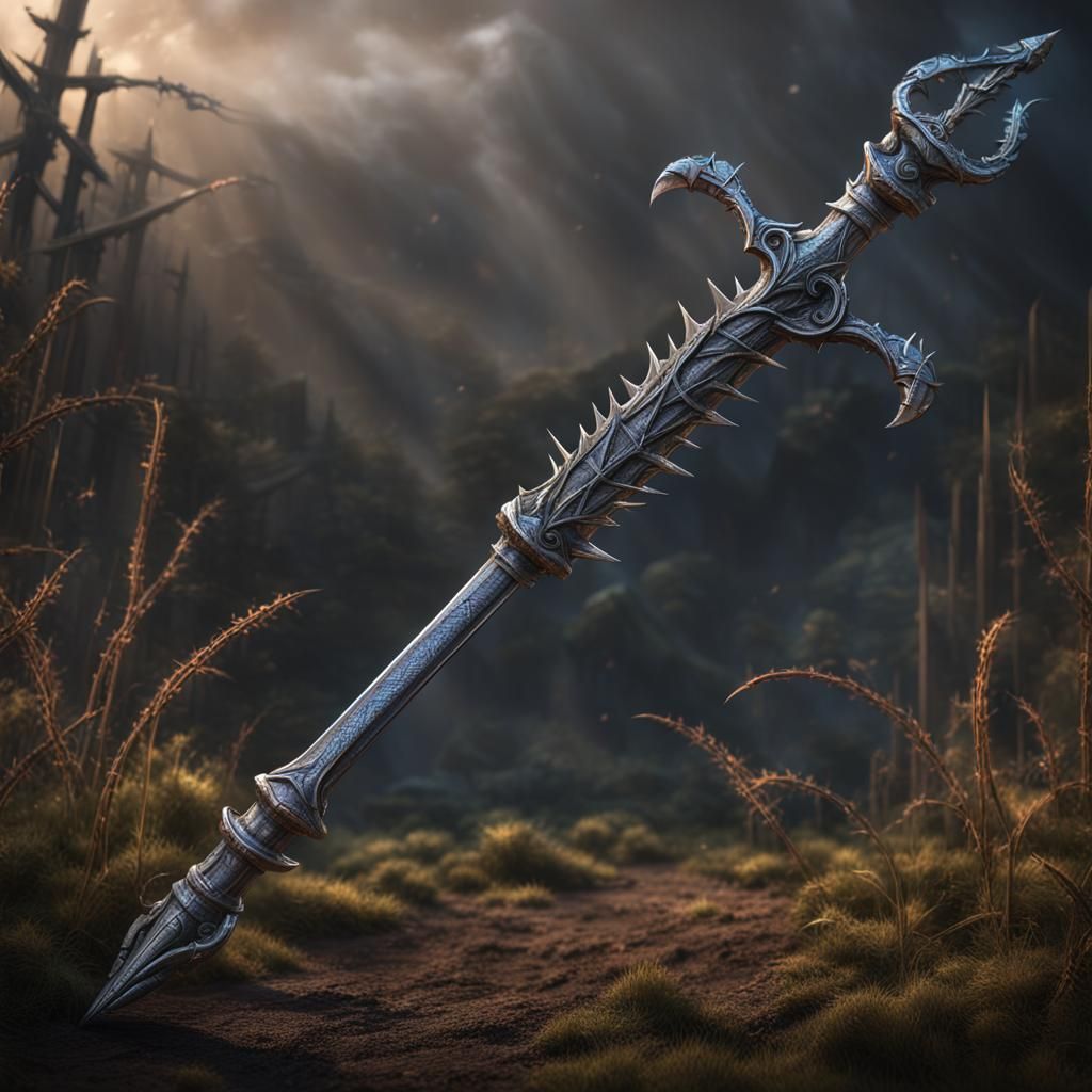 A 4 foot long Barbed Silver Stake with barbs facing inward t...