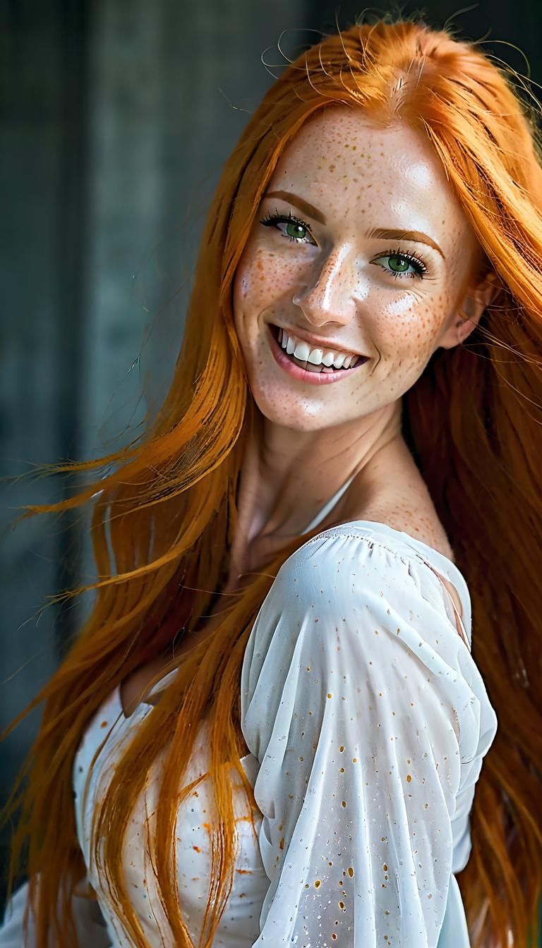 Ukrainian girl, very long orange hair, green eyes, freckles, white
