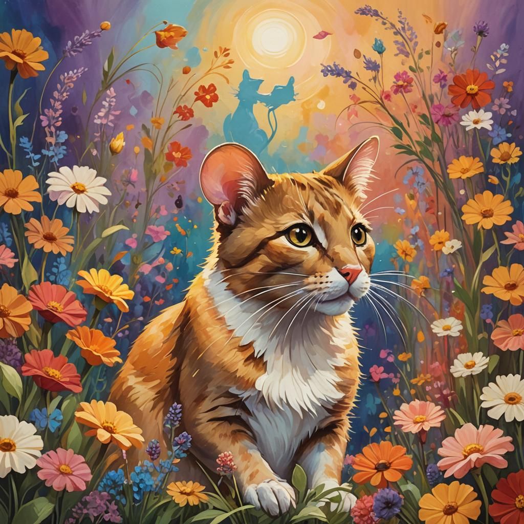 Cat Painting Mouse Portrait in Whimsical Fantasy Art
