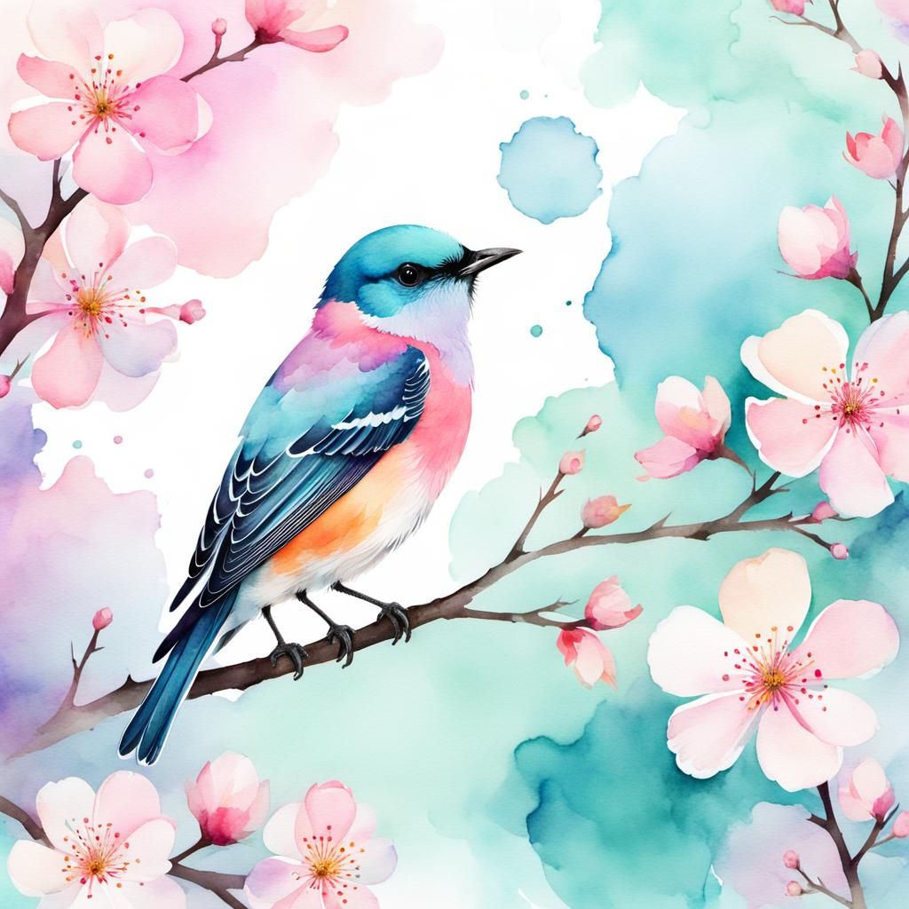 Spiraling Double exposure blossom bird tree Digital watercol...