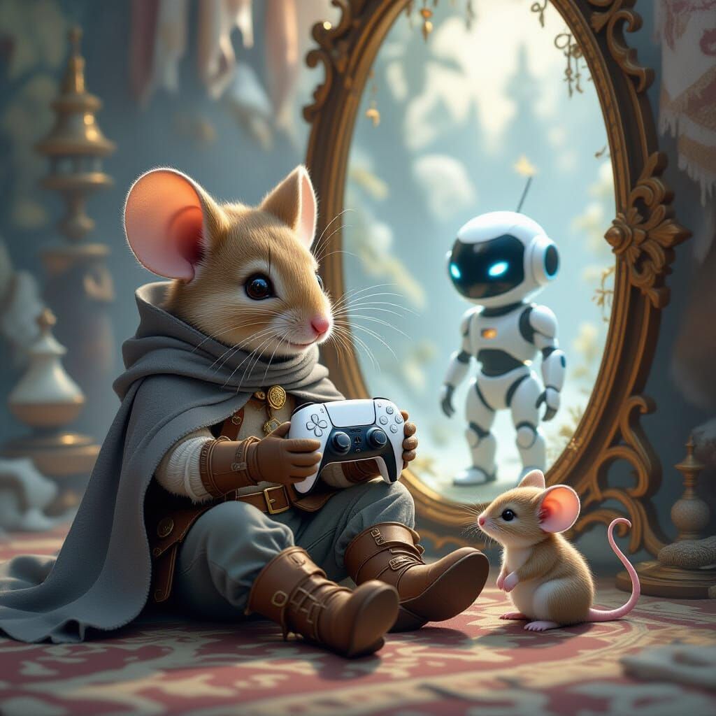 a highly detailed anthropomorphic mouse in worn clothes, boots and a gray cape on his shoulders and head sits on the floor in front of a mag...